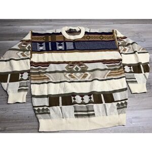 TUNDRA FOR BACHRACH Mens XL TG Geometric Pattern Knit Sweater Cream Brown
